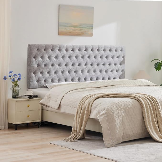 Upholstered King Headboard Only, Premium Linen Button Tufted Headboards, Adjustable Solid Wood Head Board, Padded Headboard with Solid Wood Legs in Bedroom (Grey)