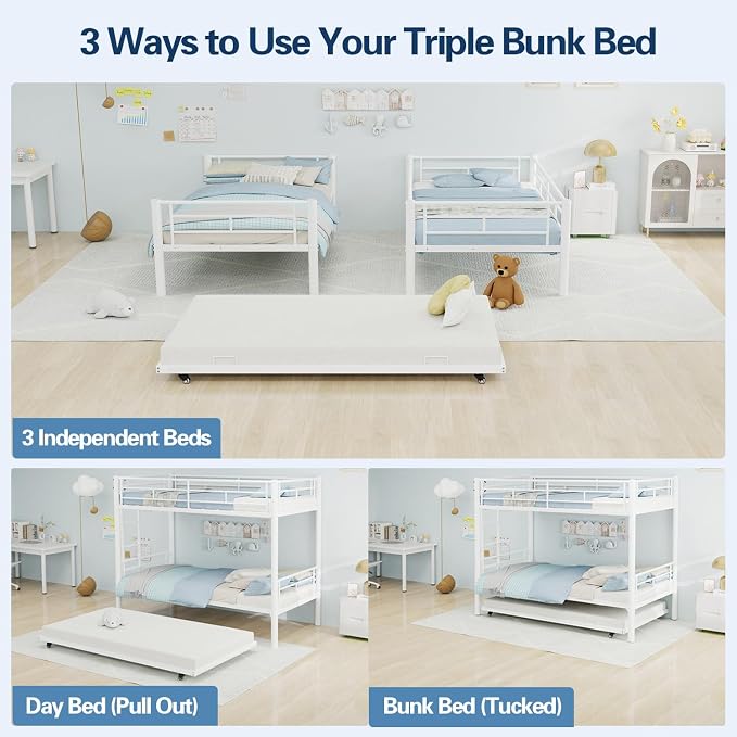Metal Bunk Bed with Trundle, Space-Saving Bunk Bed Twin Over Twin with Ladders and Safety Guardrail, Heavy Duty Twin Bed Frames, No Box Spring Needed and Noise Free(White)