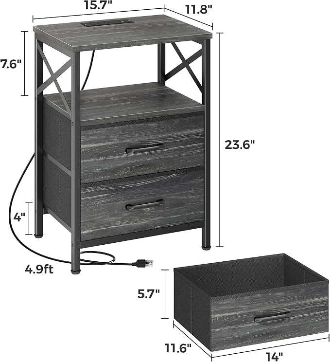 Huuger Nightstands Set of 2, Night Stand with Charger Station, 2 Drawer Side Table with Open Shelf, USB-C Port, End Table for Small Spaces, X Shaped Side Rail, Charcoal Black