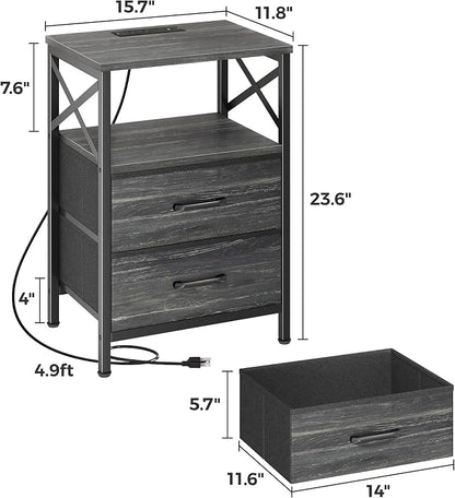 Huuger Nightstands Set of 2, Night Stand with Charger Station, 2 Drawer Side Table with Open Shelf, USB-C Port, End Table for Small Spaces, X Shaped Side Rail, Charcoal Black