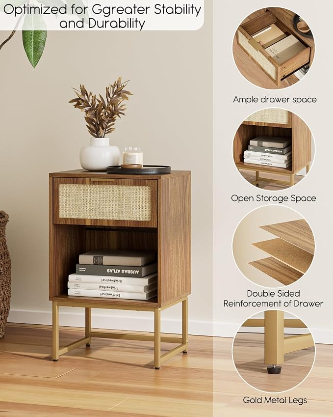 Masupu Rattan Nightstand,Modern Night Stand Boho Farmhouse Wood Bedside Table with Storage Drawer Side End Table for Bedroom, Office,Walnut Brown