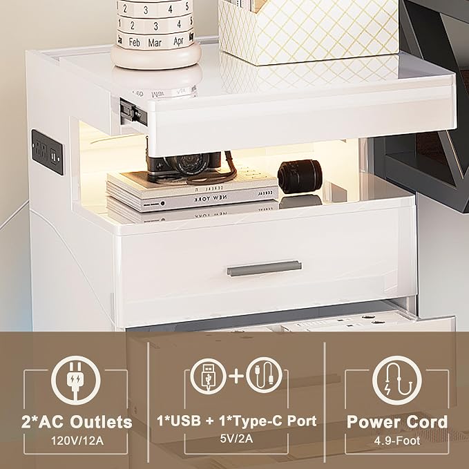 Treocho Led Nightstand with Hidden Space, Modern Night Stand with Charging Station, 3 Drawer Smart Nightstand with Glossy Finish, Tall Bedside Table with RGB Lights for Bedroom, White