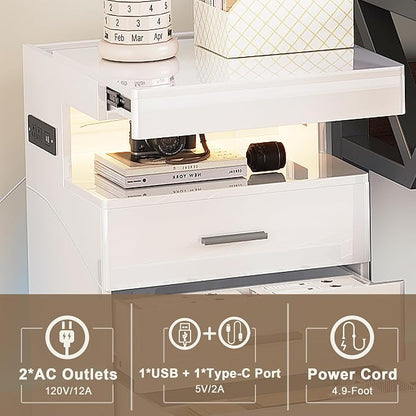 Treocho Led Nightstand with Hidden Space, Modern Night Stand with Charging Station, 3 Drawer Smart Nightstand with Glossy Finish, Tall Bedside Table with RGB Lights for Bedroom, White