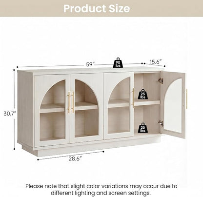 Fatmok 59" Buffet Cabinet with Glass Doors, Modern Arched Sideboard with Large Storage and Adjustable Shelves, Accent Console Credenza for Dining Room, Living Room, Entryway, White Wood Grain