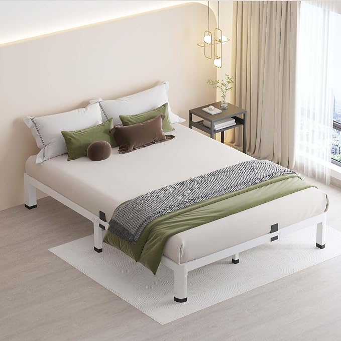 MAF 7 Inch Full Size Metal Platform Bed Frame White with Round Corner Legs, Mattress Slide Stopper, 3000 LBS Heavy Duty Steel Slats Support, Noise Free, No Box Spring Needed, Easy Assembly