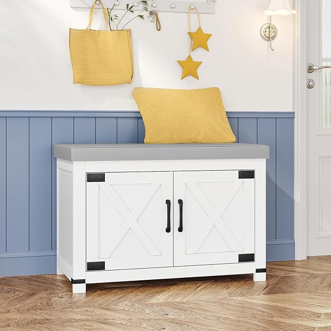Hzuaneri Shoe Storage Bench, 2 Tier Shoe Bench with Padded Seat Cushion & 2 Barn Doors, Entryway Bench with Adjustable Shelf, Farmhouse Shoe Cabinet for Living Room, Bedroom, White SB26203GY