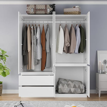 Mekminop Armoire Wardrobe Closet with Drawers and Shelves, 4 Door 2 Drawers White Bedroom Armoires, Modern Wooden Wardrobe with Hanging Rod, 20.39" D x 63" W x 78.74" H