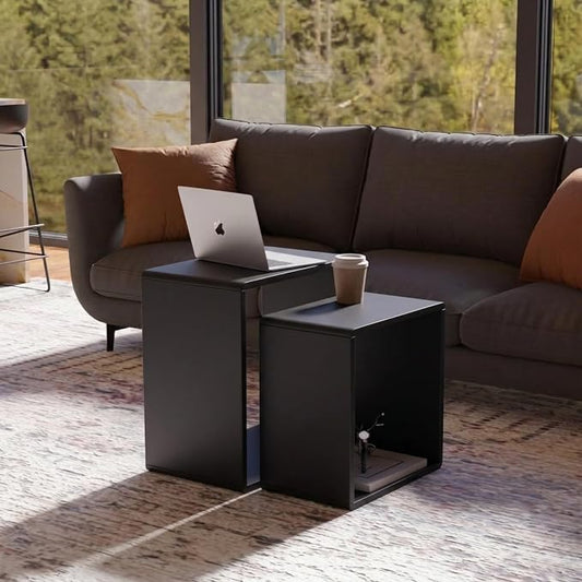 Relso Cascade Nesting Tables Set of 2 - Solid Wood with Smooth Rounded Edges for Stylish Living Room, Bedroom Or Outdoor Use - Space-Saving Design, Natural Grain, Long-Lasting, Black Finish