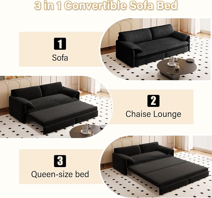 66" Sleeper Sofa Bed Queen Size, 3-in-1 Convertible Couch, Modern Pull Out Couches, Comfy Velvet Futon Sofa, Cloud Loveseat Lounge, Pillow Arm, for Small Spaces, Living Room, Apartment, Black