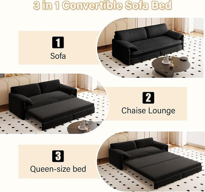 66" Sleeper Sofa Bed Queen Size, 3-in-1 Convertible Couch, Modern Pull Out Couches, Comfy Velvet Futon Sofa, Cloud Loveseat Lounge, Pillow Arm, for Small Spaces, Living Room, Apartment, Black