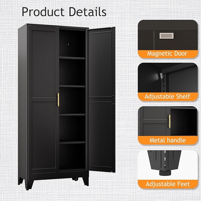 PAOFIN 71" Tall Metal Pantry Storage Cabinet with Doors and 4 Adjustable Shelves, Black Kitchen Food Pantry Cabinets, Tall Freestanding Cupboard for Kitchen, Dining Room or Living Room, Black
