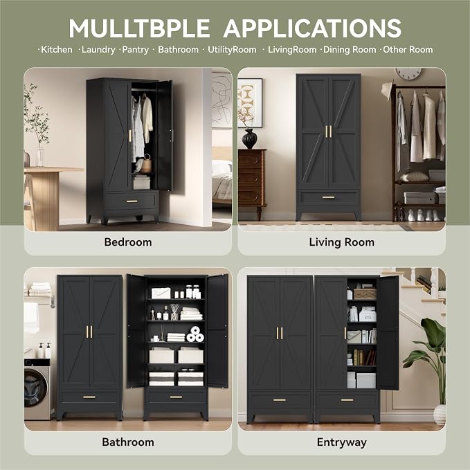 COFaR 71 Farmhouse Metal Wardrobe Closet with Hanging Rod, 2 Barn Doors, Adjustable Shelves, Steel Armoire with Drawer for Home, Bedroom Black