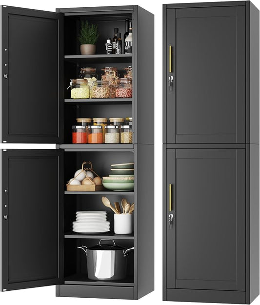 Tall Narrow Slim Metal Storage Cabinet with Lock 2 Doors and Shelves,Steel File Cabinets,Kitchen Pantry Cabinet Locker Organizer - 67" Locker Storage Cabinets for Bathroom,Bedroom,Office,Black