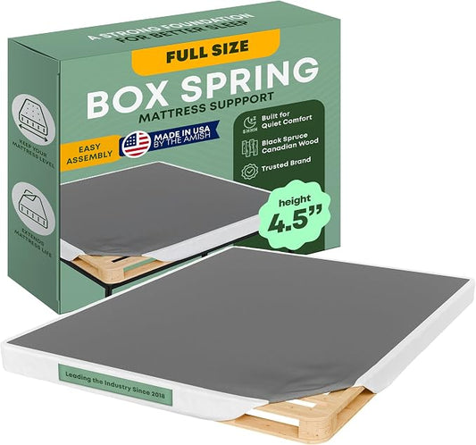 Greaton, 4.5” Full Size Box Spring Only for Full Size Bed – Amish-Made in the USA – Solid Wood Mattress Foundation with Stable & Quiet Support – Flat-Packed & Easy Assembly – White