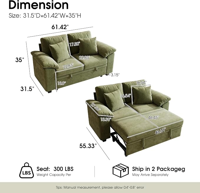 WorthFurni 61” Pull Out Couch, 2 in 1 Sleeper Sofa Bed with Throw Pillow, Convertible Small Loveseat Sleeper Couch for Living Room, Bedroom, Apartment (Green)
