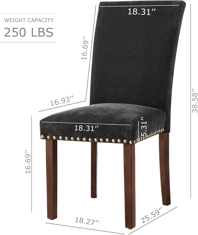 COLAMY Upholstered Parsons Dining Chairs Set of 2, Fabric Dining Room Kitchen Side Chair with Nailhead Trim and Wood Legs - F-Black