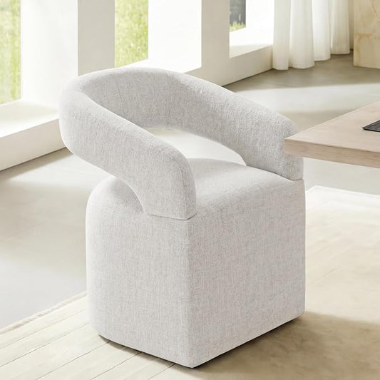 KISLOT Upholstered Dining Chairs Set of 1, Modern Arm Kitchen & Dining Room Chairs with Hidden Casters, Linen Fabric Padded Rolling Chairs, Sturdy Wood Frame, 300 lbs Capacity, Beige