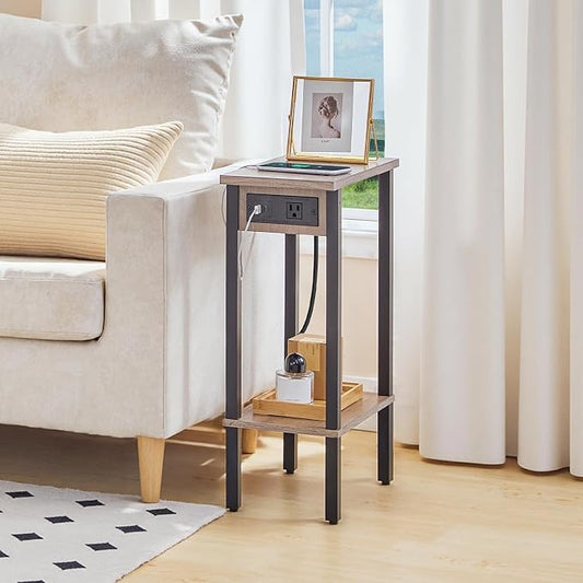 HOOBRO Narrow Side Table, 2-Tier Slim End Table with Charging Station, Skinny Nightstand with Open Storage, for Small Spaces, Living Room, Bedroom, Study, Greige and Black BG240UBZ01