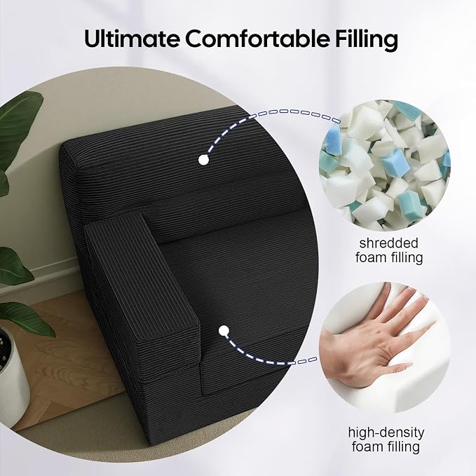 MeMoreCool Queen Sofa Bed, 4-in-1 Pull Out Couch Bed with Wedge Pillow, Boneless Futon Sleeper Loveseat, No Assembly Folding Sofa for Living Room Guest Room, Black Corduroy