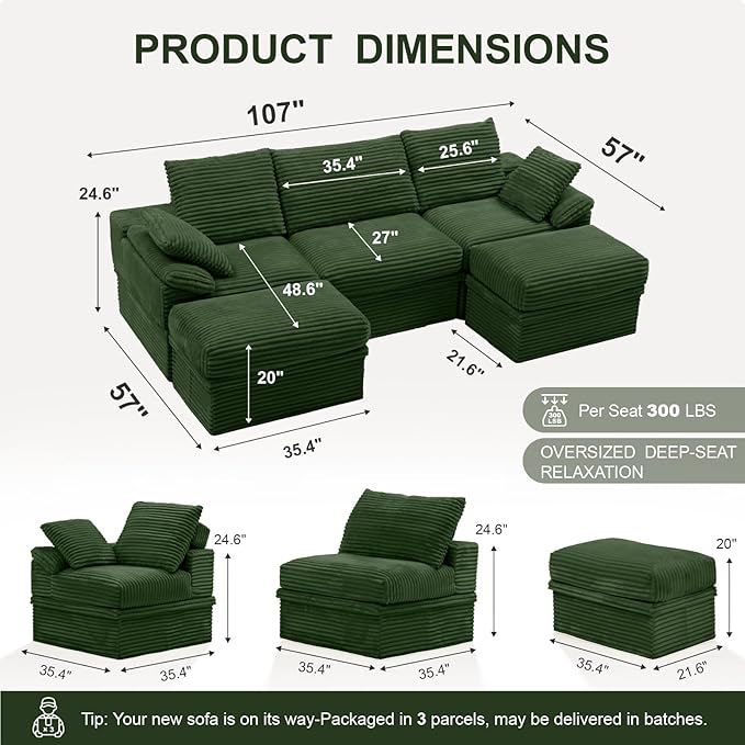 107" Modular U-Shaped Sectional Sofa with Storage, 3-Seat Corduroy Boneless Couch, 27" Deep Seat Cloud Couch & 2 Movable Ottoman, Tool-Free Assembly, Couch for Living Room, Green