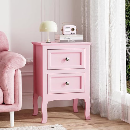 Bonnlo Nightstand Set of 2, Nightstands with 2 Drawers, Bed Side Table/Night Stand, Pink Nightstand, Small Nightstand for Bedroom, College Dorm, Kids’ Room, Living Room, Wood, 16W x 12D x 24H