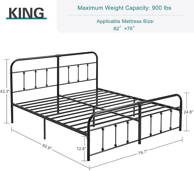VECELO Black Victorian Style Metal Bed Frame with Headboard/Mattress Foundation/No Box Spring Needed/Under Bed Storage and Strong Slat Support King Size