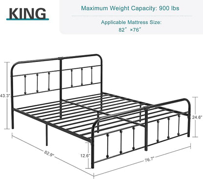 VECELO Black Victorian Style Metal Bed Frame with Headboard/Mattress Foundation/No Box Spring Needed/Under Bed Storage and Strong Slat Support King Size
