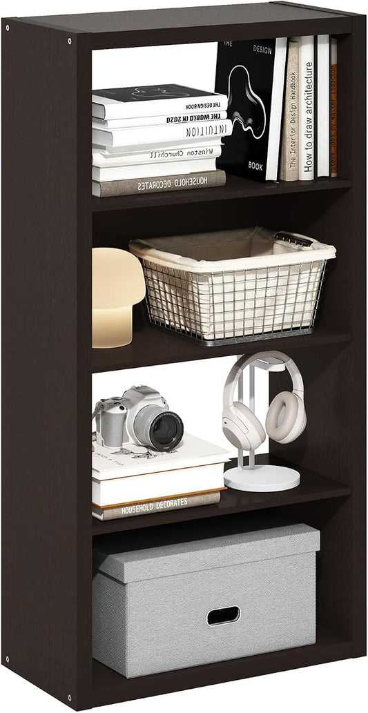 Furinno Viola 4-Tier Book Shelf, Extra Thick Frame Bookshelf, Dark Oak | Open Shelf, Open Back Design, 11.3" x 23.2" x 45.4", for Living Room, Bedroom, Home Office