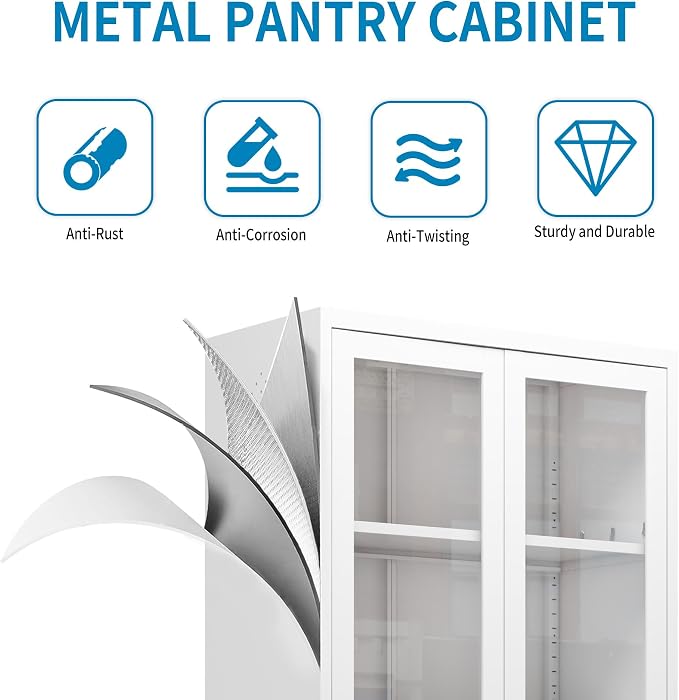 72"H Full Glass Door Steel Kitchen Pantry Cabinets Display Cabinet | Storage Organizer with Adjustable Shelves, Glass Doors Storage Cabinet for Kitchen, Dining Room,Assembly Required