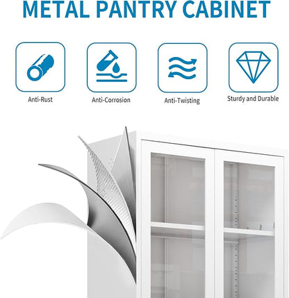 72"H Full Glass Door Steel Kitchen Pantry Cabinets Display Cabinet | Storage Organizer with Adjustable Shelves, Glass Doors Storage Cabinet for Kitchen, Dining Room,Assembly Required