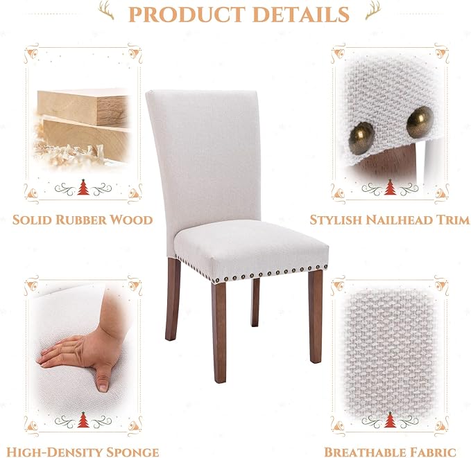Upholstered Fabric Dining Chairs Set of 2, Parsons Dining Room Kitchen Side Chair with Nailhead Trim and Wood Legs - Beige
