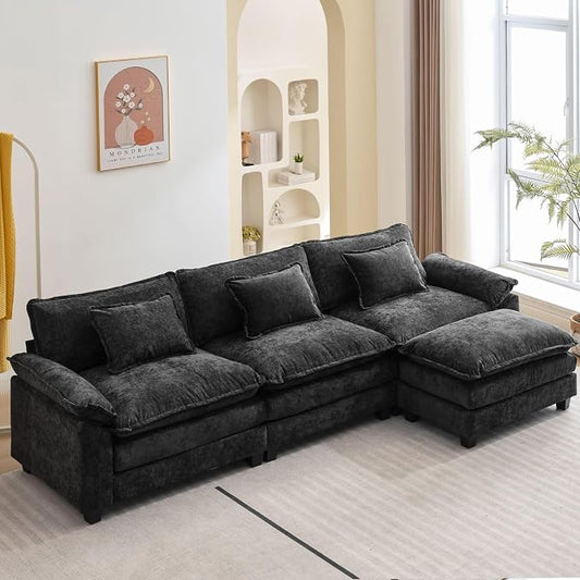 Oprisen 120" Modular Sectional Sofa, Comfy Cloud Couch Sectional Sofa with Ottoman, Chenille Sofa Sleeper Deep Seat Sofa with Throw Pillows for Living Room (Black, 120"- L Shape)