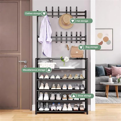 ikaufen 5-Tier Entryway Coat Rack Shoe Shelf, 2-in-1 Hall Tree with 8 Hooks, Thickened Plastic Storage Organizer for Shoes, Bags, Hats (Black/White) (White 80cm +8 Hooks+12 Bag)