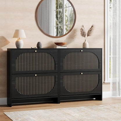 Nicetree Arch-Chic Shoe Cabinet for Entryway, 2 Flip Drawers Shoe Storage Cabinet with Fluted Slim Design, 9.5" Ultra-Narrow Shoe Rack, Tipping Protection, Fits Size 13.5 Shoes