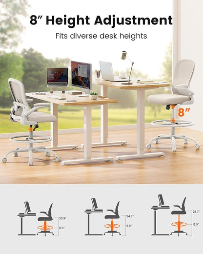 ErGear Drafting Chair,Tall Office Chair with Flip-Up Armrests, High Desk Chair Adjustable Height and Adjustable Footrest Ring, Ergonomic Standing Desk Chair with Lumbar Support, Khaki,3 Pack