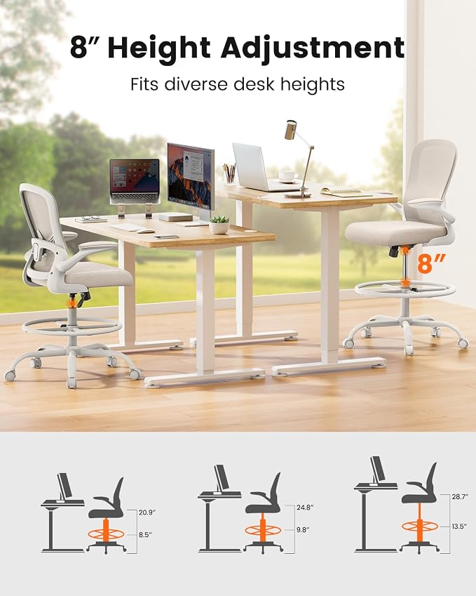 ErGear Drafting Chair,Tall Office Chair with Flip-Up Armrests, High Desk Chair Adjustable Height and Adjustable Footrest Ring, Ergonomic Standing Desk Chair with Lumbar Support, Khaki,6 Pack