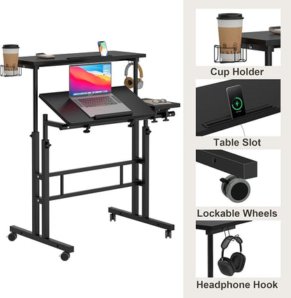 SogesHome 31.5 inch Mobile Standing Desk Adjustable Computer Desk Rolling Laptop Cart Portable Laptop Stand on Wheels Home Office Workstation with Cup Holder,Headphone Holder, Upgrade Black