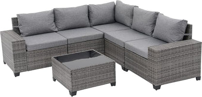 SUNSITT 6-Piece Patio Furniture Set, Outdoor Wicker Modular Sectional Sofa with 7.7-inch Wide Armrests & Thick Comfy Cushions, Glass Top Coffee Table, Rattan Conversation Set, Grey Color