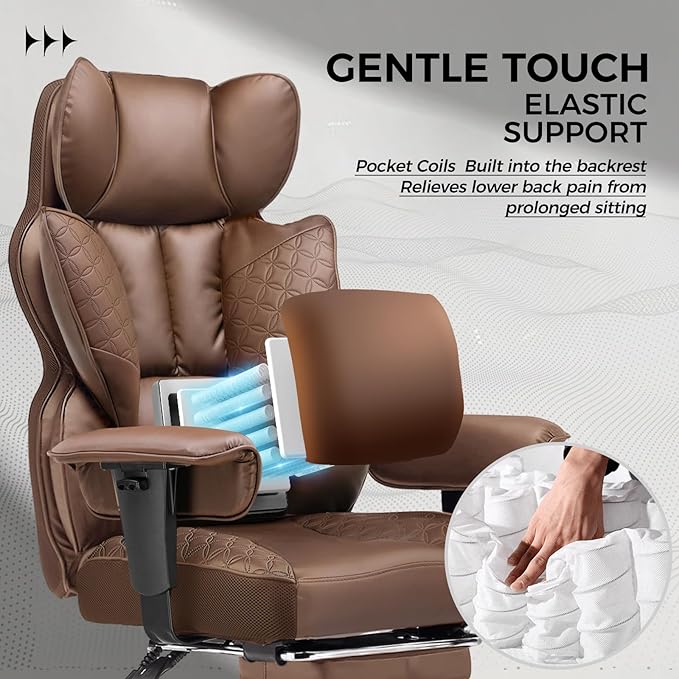 GTPLAYER Big and Tall Gaming Chair 400lbs Heavy Duty Office Chair with Foot Rest & Ergonomic Pocket Spring Lumbar Support, High Back 3D Saddle Shaped Cushion for Back Pain Relief, Brown