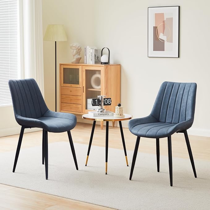 CLIPOP Dining Chairs Set of 4, Faux Leather Dining Chairs with Upholstered Seat, High Back Comfy Cushion, Metal Leg, Accent Kitchen Side Chair for Living, Restaurant & Meeting Room, Blue