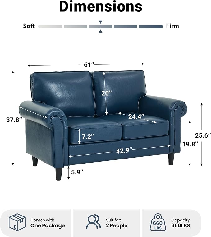 Kingfun Loveseat 2 Seater Couch, Mid Century Modern Faux Leather Sofa with Rolled Arms and Deep Seats, Fluffy Comfort for Living Room, Apartment, Easy Assembly, Blue