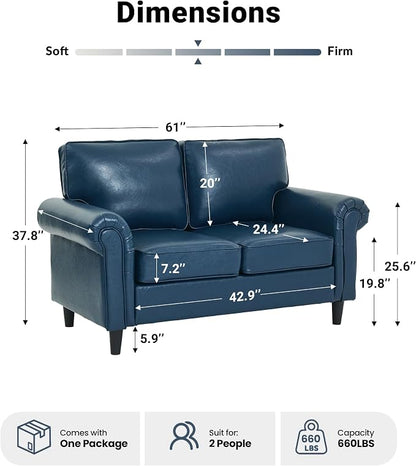Kingfun Loveseat 2 Seater Couch, Mid Century Modern Faux Leather Sofa with Rolled Arms and Deep Seats, Fluffy Comfort for Living Room, Apartment, Easy Assembly, Blue