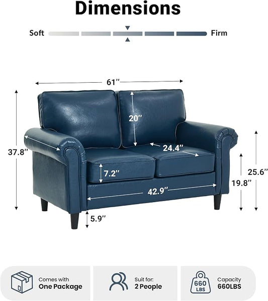 Kingfun Loveseat 2 Seater Couch, Mid Century Modern Faux Leather Sofa with Rolled Arms and Deep Seats, Fluffy Comfort for Living Room, Apartment, Easy Assembly, Blue