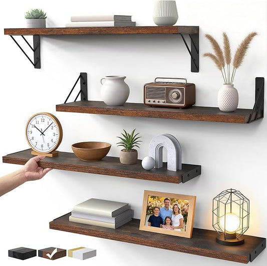 BAYKA Wall Shelves for Bedroom Decor, Floating Shelves for Wall, Display Mounted Rustic Wood Shelf for Books,Plants,Corner Shelves for Bathroom,Kitchen,Living Room(Rustic Brown，23in，Set of 4)