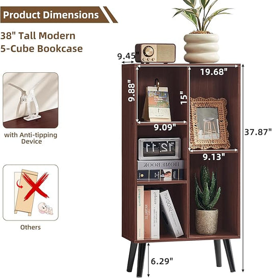 LEYAOYAO 5 Cube Bookshelf 3-Tier Bookcase with Legs,Mint Walnut Kids Book Shelf Cute Storage Organizer,Free Standing Open Toy Shelves Wood Bookshelves,Display Bookcases for Bedroom,Living Room,Nursery