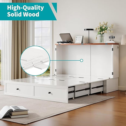 BALUS Full Size Murphy Bed with Mattress Included, 57" W Cabinet Bed with Mattress & USB Charging Station & Storage Drawer, Full Murphy Cabinet Beds for Living Room, Apartment, Bedroom, White