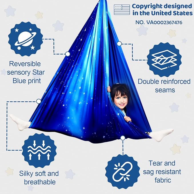 HiCamer Double Layer Sensory Swing for Kids & Adults Holds up to 300lbs Indoor and Outdoor Therapy Cuddle Swing with 360° Swivel Hanger Kit Adjustable with Aspergers Autism ADHD (Star Blue)