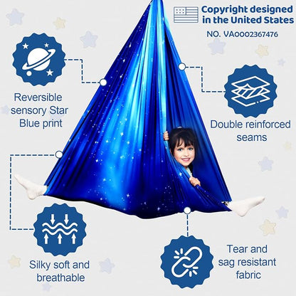 HiCamer Double Layer Sensory Swing for Kids & Adults Holds up to 300lbs Indoor and Outdoor Therapy Cuddle Swing with 360° Swivel Hanger Kit Adjustable with Aspergers Autism ADHD (Star Blue)