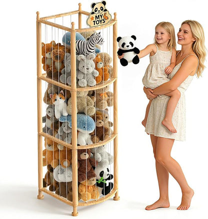 Stuffed Animal Storage Organizer, Wooden Toy Storage Organizer & Plush Storage Tower with Elastic Cords, Stuffed Animal Zoo for Kids Bedroom, Playroom & Nursery, Solid Pine, 15.7 x 15.7 x 53.5 In