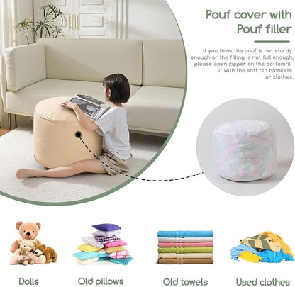 HIGOGOGO Round Stuffed Pouf Ottoman, Pu Leather Poufs with Foam Chunk Filling, Furry and Fluffy Pouf Foot Stool Storage Ottoman, 20 X 15 Floor Poufs Foot Rest for Living Room, Beige